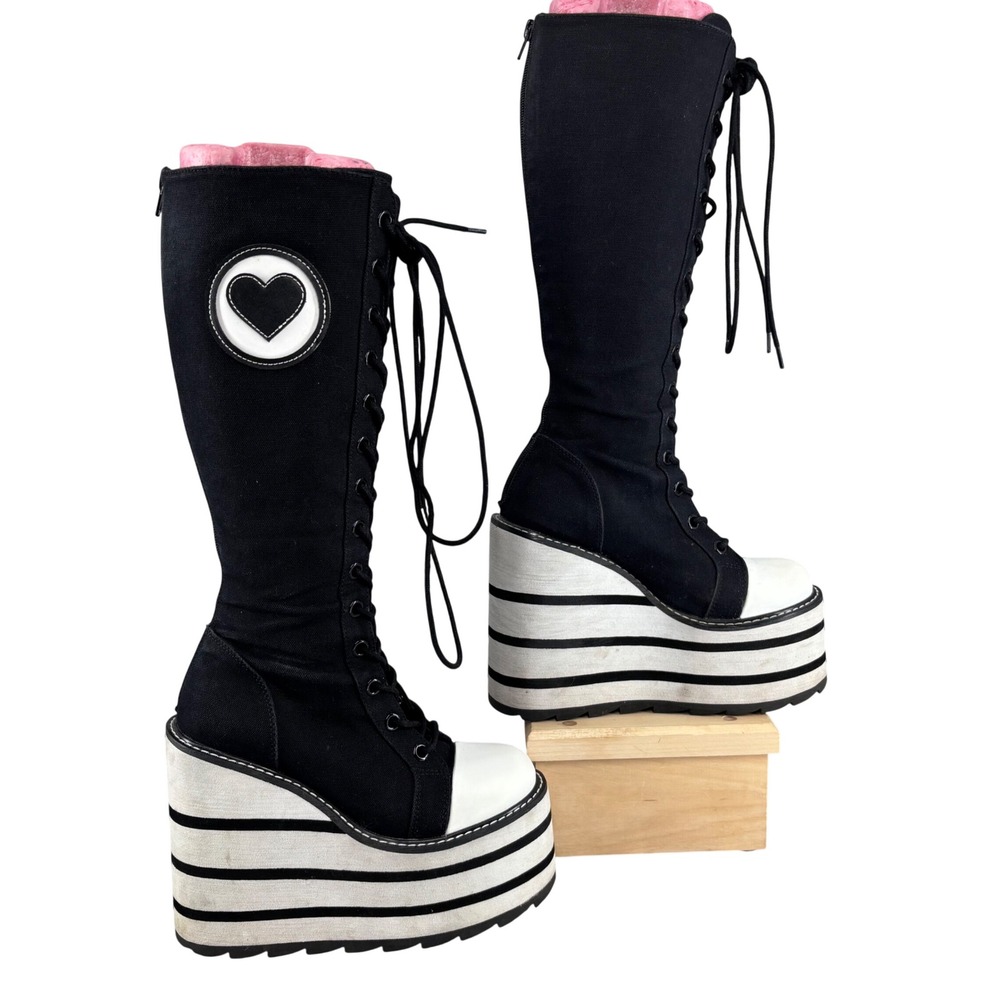 YRU Heart Patch Black White Striped Platform Wedge Knee High Boots Womens Size 7